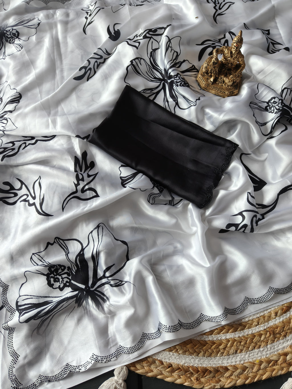 Elegant White & Black Floral Printed Silk Saree