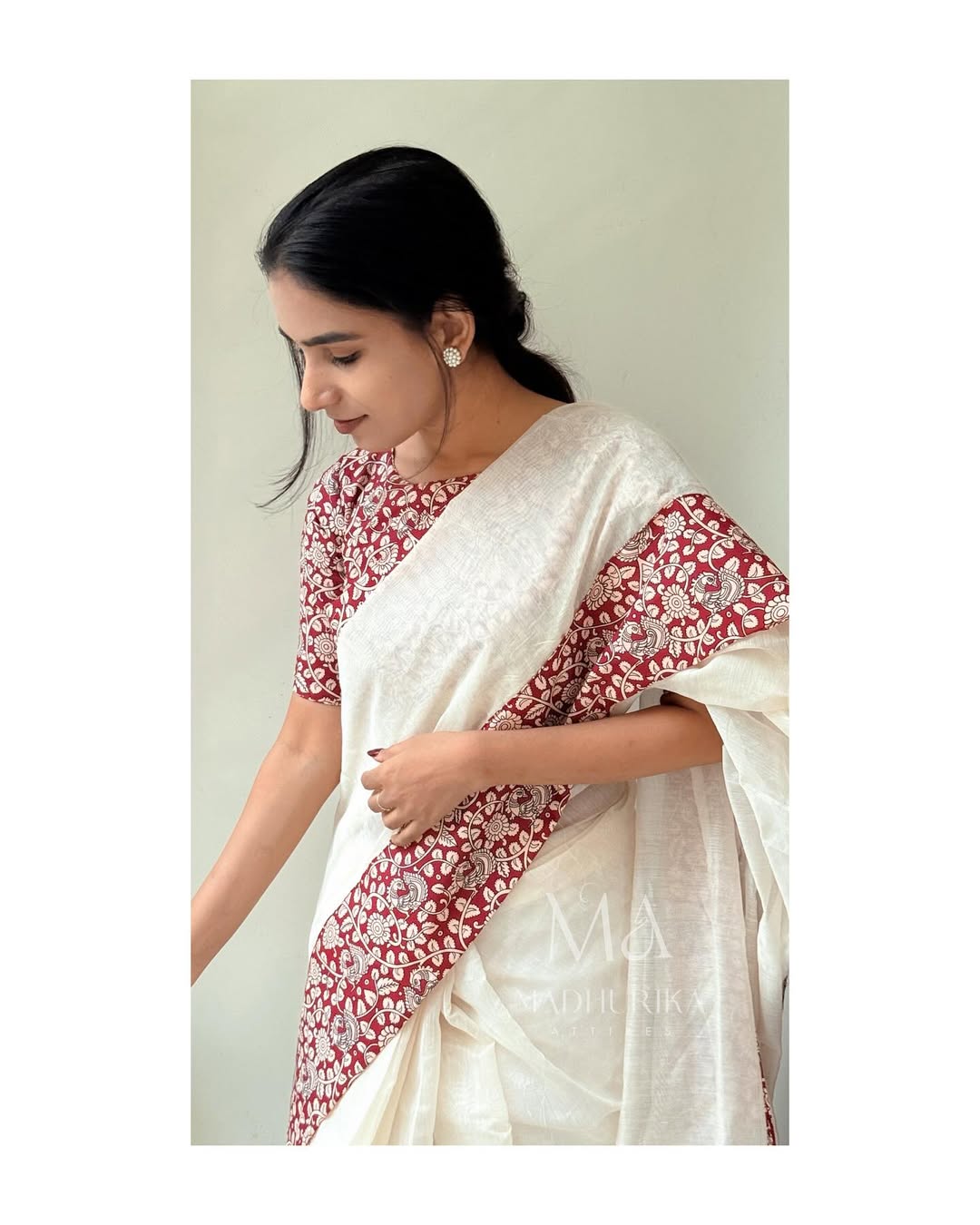 Off-White Handwoven Saree with Maroon Ajrakh Border & Blouse