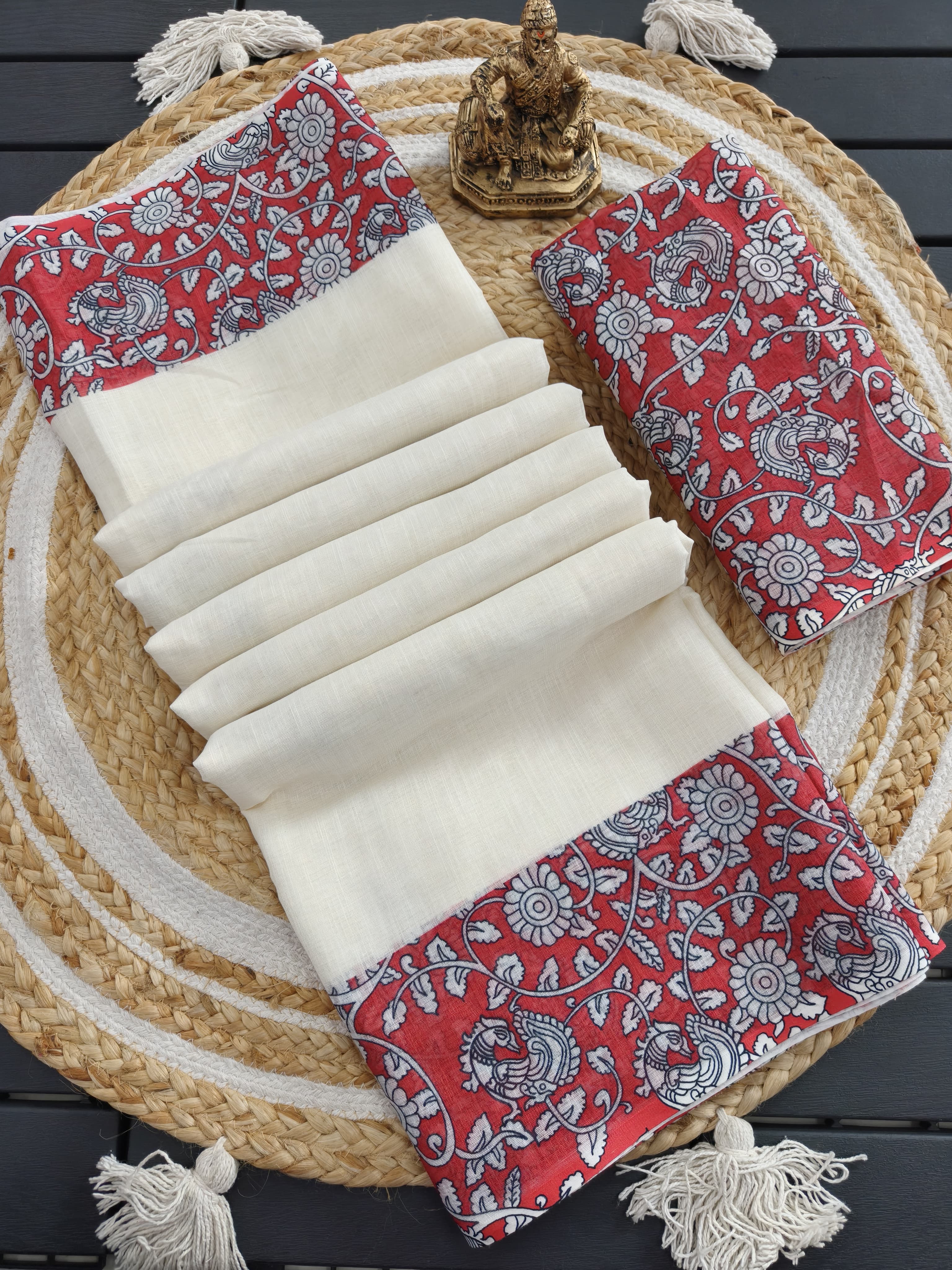 Off-White Handwoven Saree with Maroon Ajrakh Border & Blouse