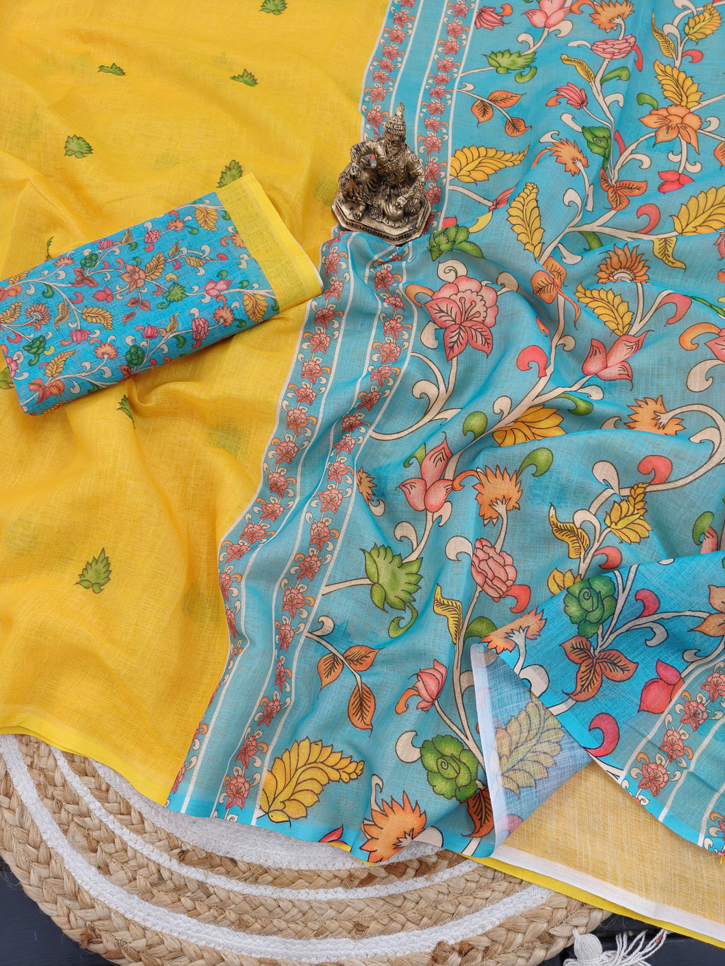 Sunny Yellow Handloom Linen Saree with Contrast Teal Floral Blouse