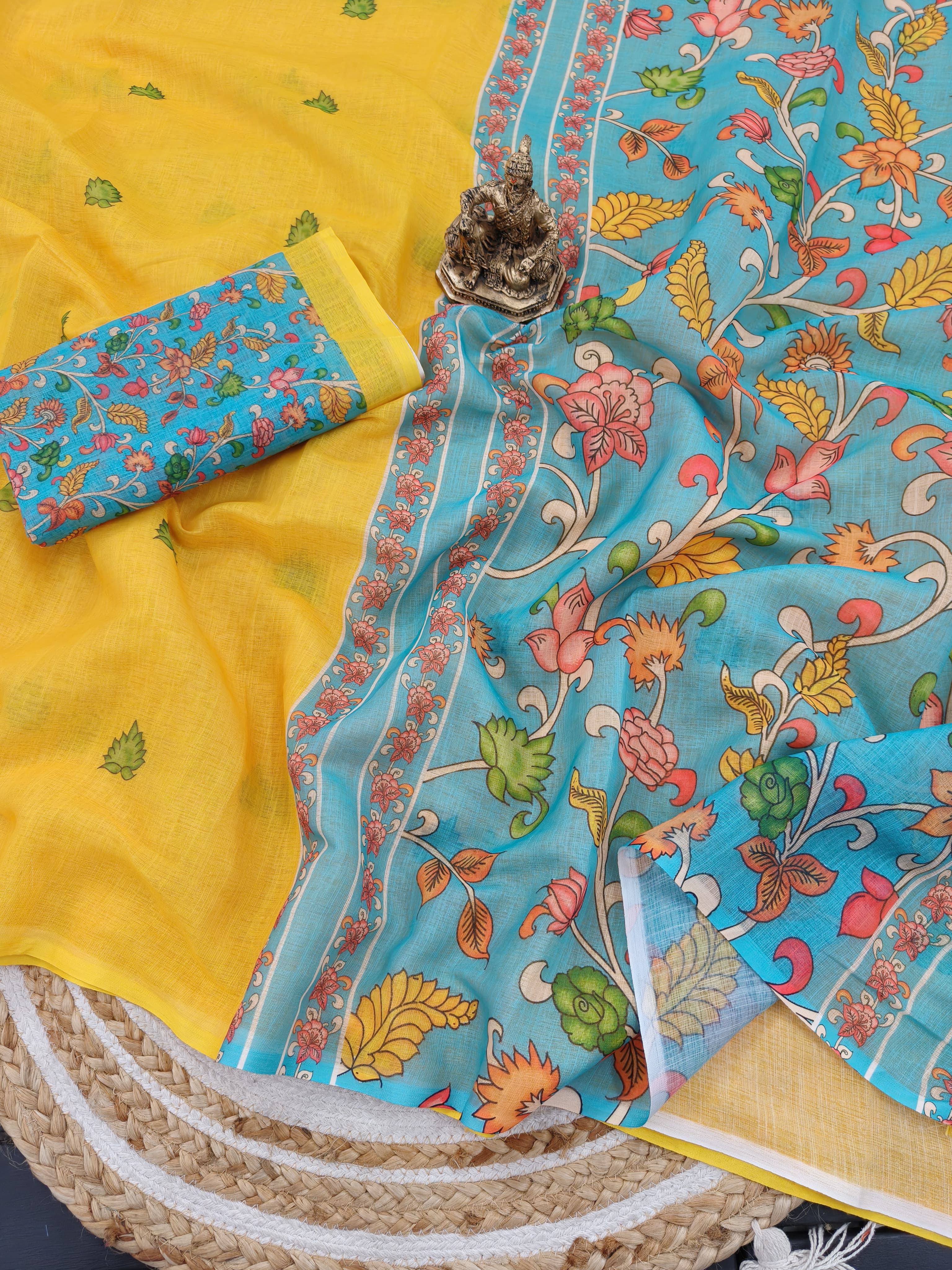 Sunny Yellow Handloom Linen Saree with Contrast Teal Floral Blouse