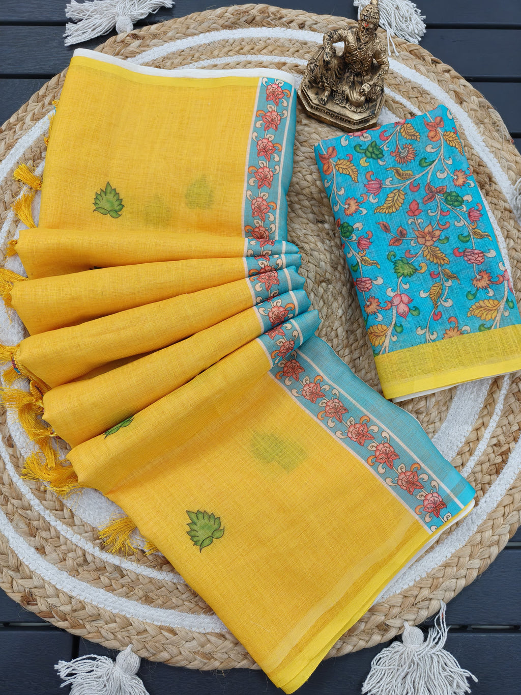 Sunny Yellow Handloom Linen Saree with Contrast Teal Floral Blouse