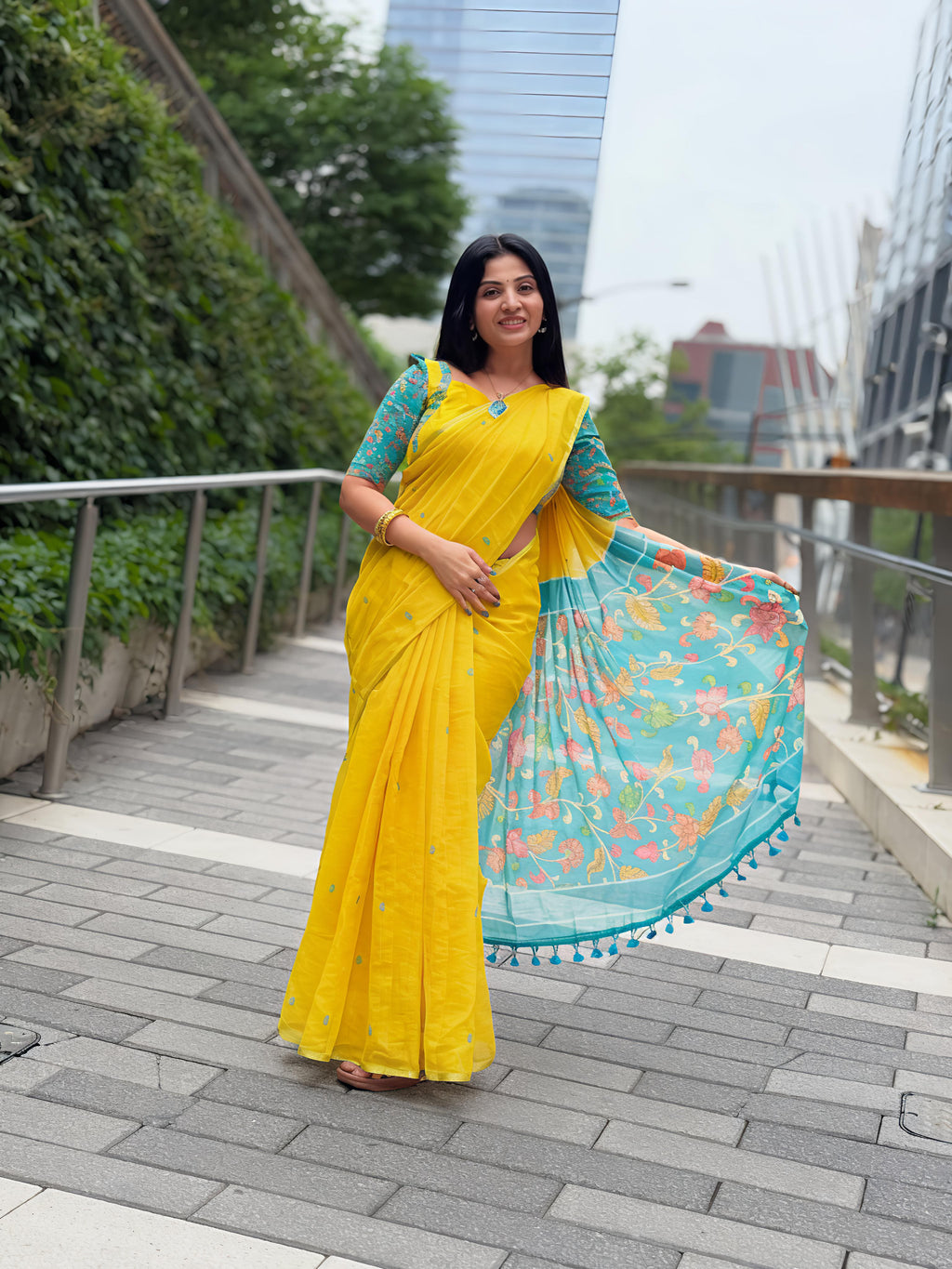 Sunny Yellow Handloom Linen Saree with Contrast Teal Floral Blouse