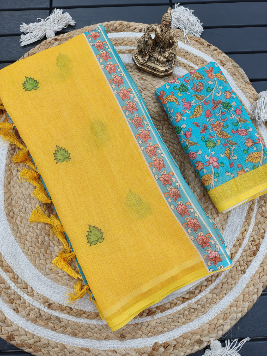 Sunny Yellow Handloom Linen Saree with Contrast Teal Floral Blouse