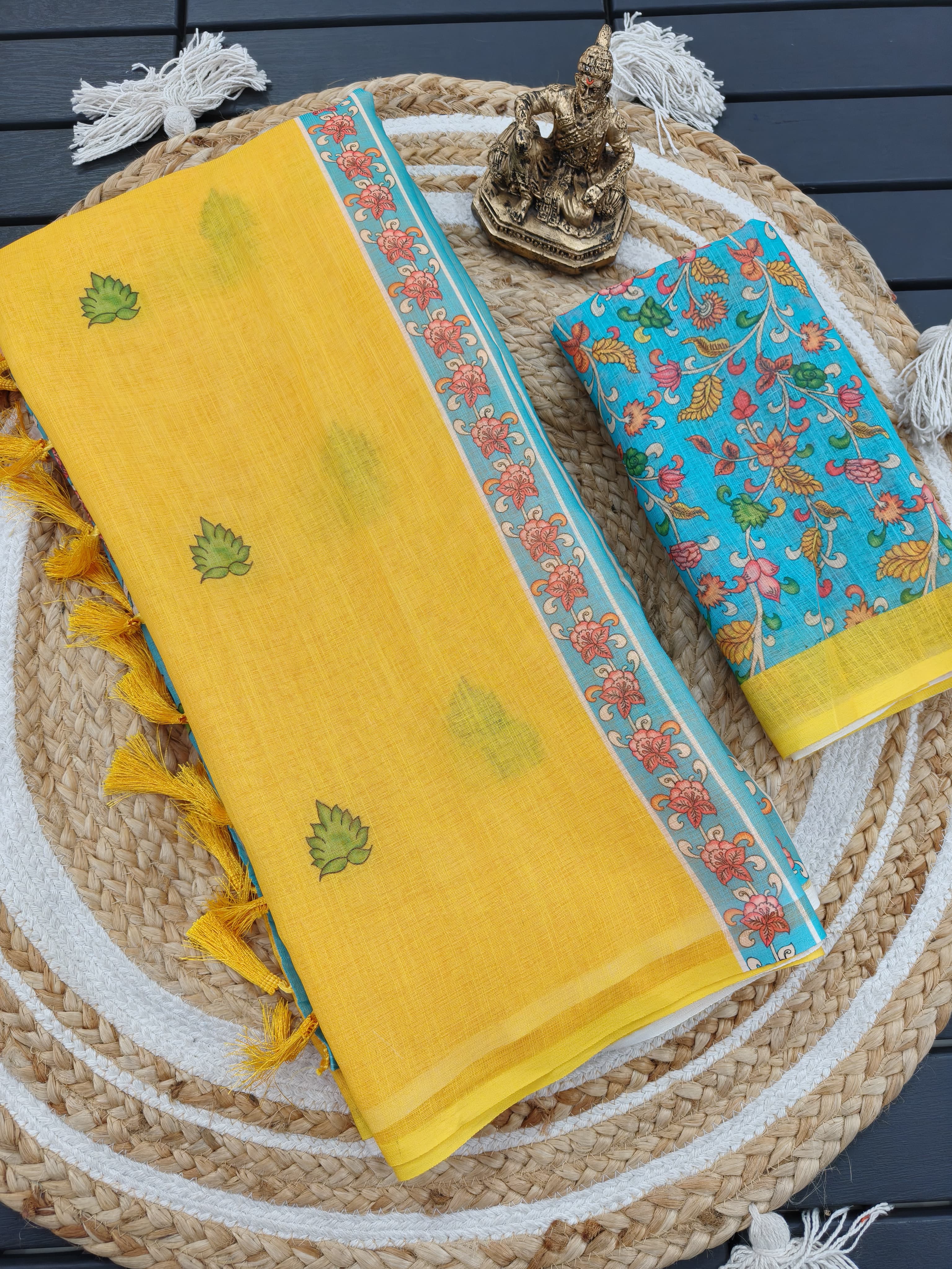 Sunny Yellow Handloom Linen Saree with Contrast Teal Floral Blouse