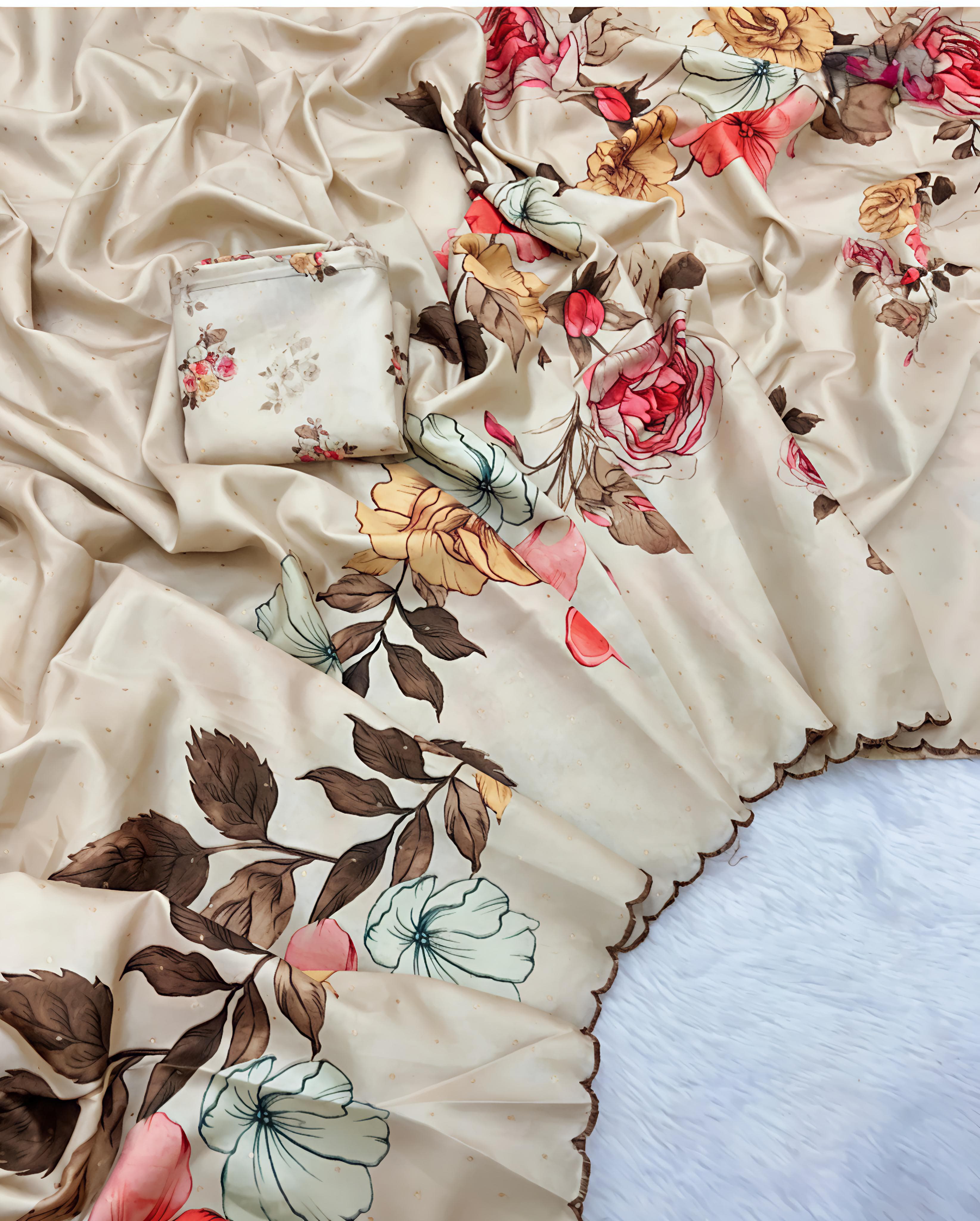 Cream Floral Print Soft Linen Saree with Matching Blouse Piece