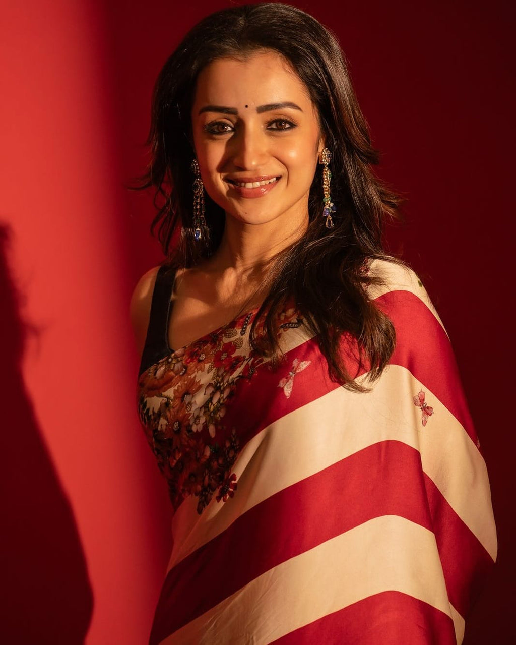 Bollywood Style Premium Saree with Bold Stripes & Floral Digital Print