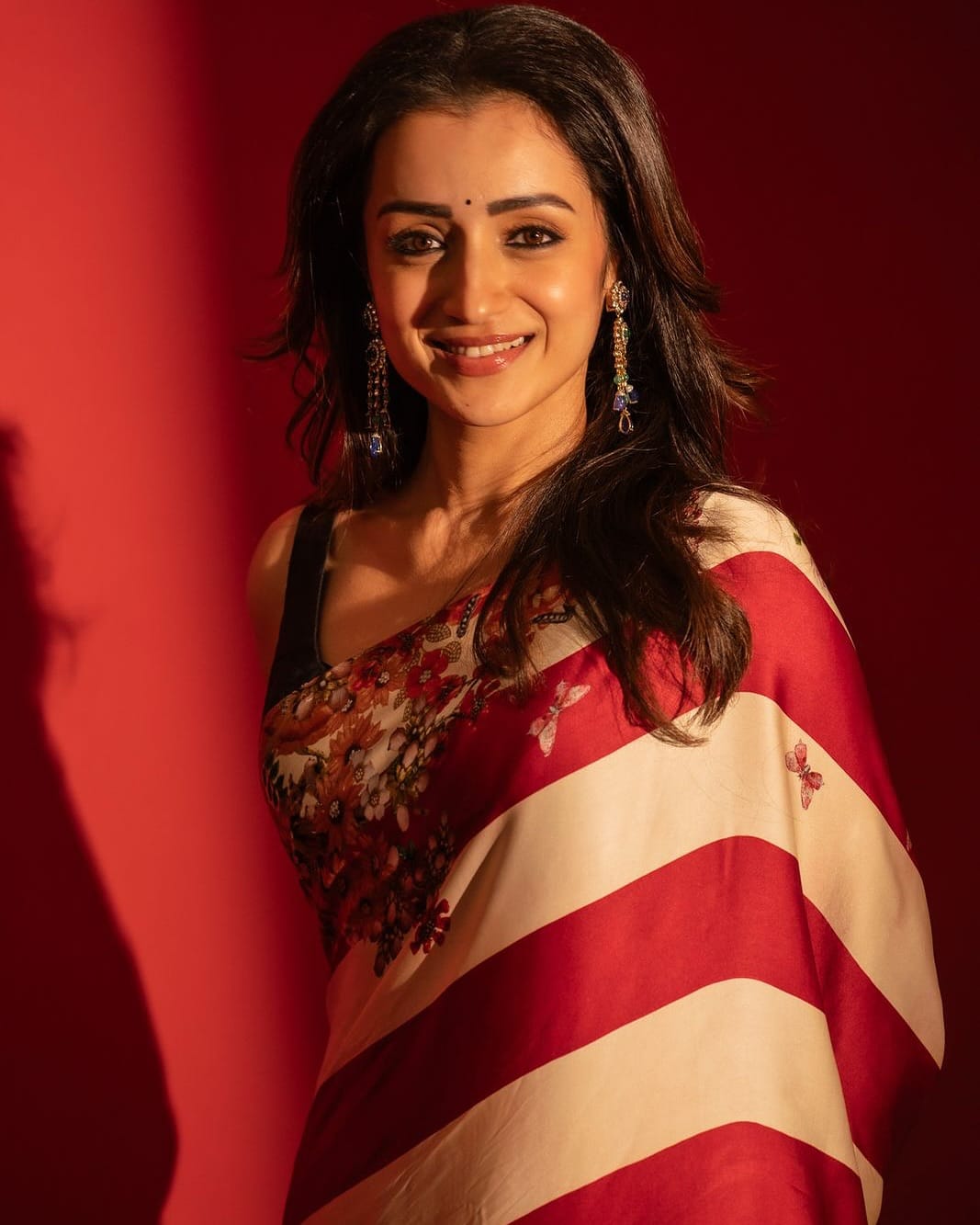 Bollywood Style Premium Saree with Bold Stripes & Floral Digital Print