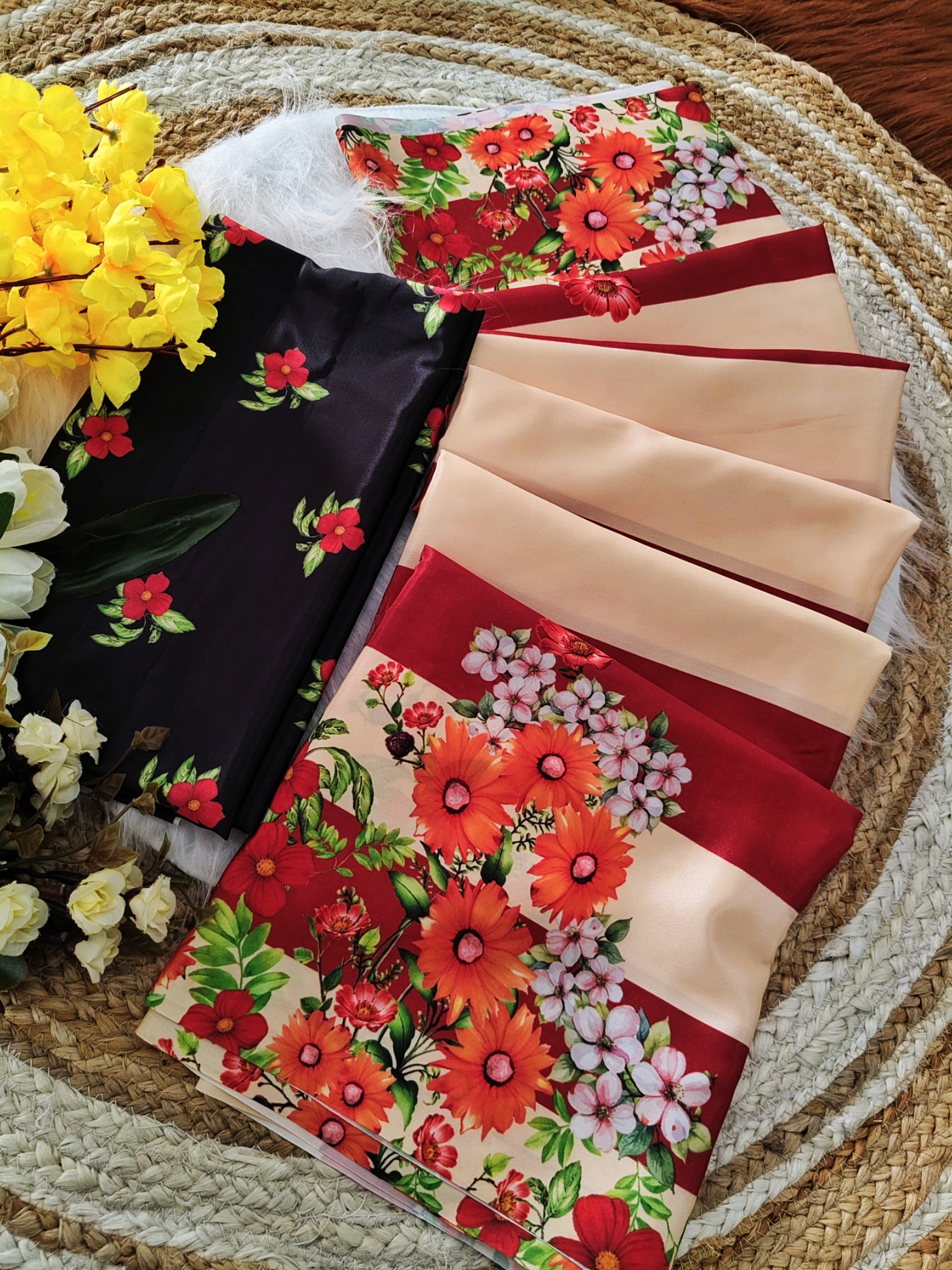 Bollywood Style Premium Saree with Bold Stripes & Floral Digital Print