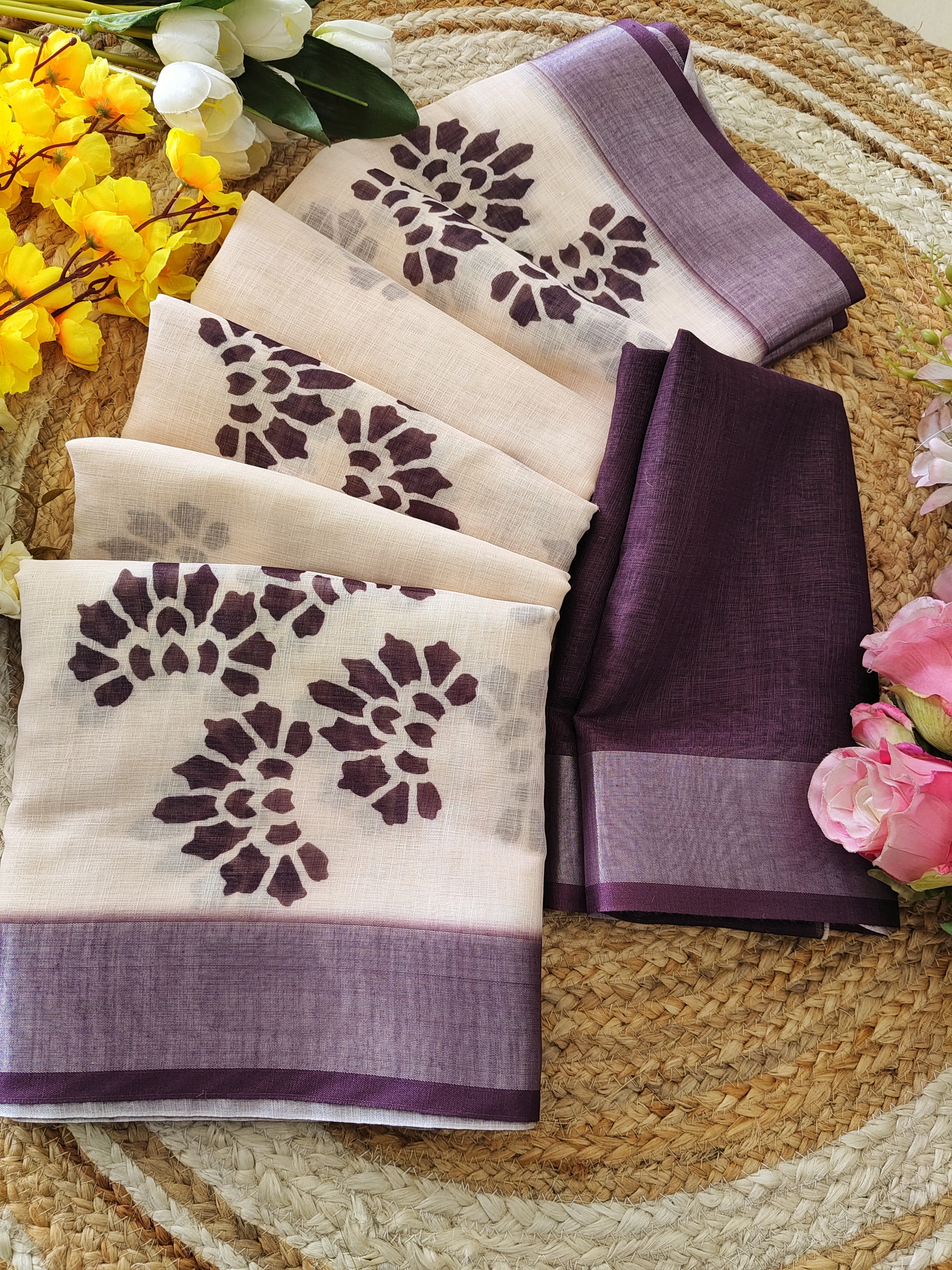 Elegant Handloom Linen Saree with Contrast Purple Border & Floral Prints