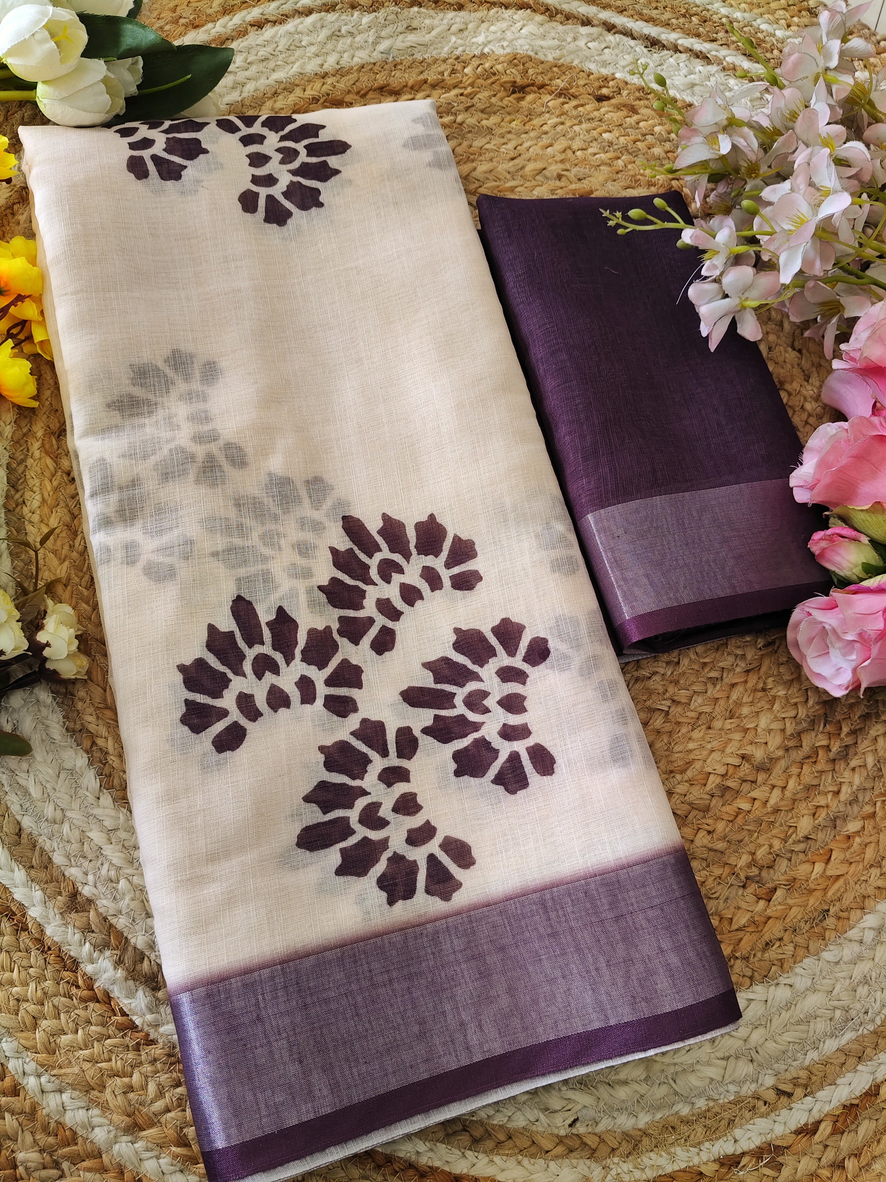 Elegant Handloom Linen Saree with Contrast Purple Border & Floral Prints