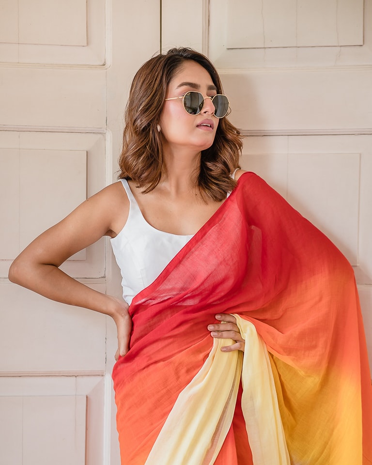 Red, Orange & Yellow Ombre Linen Saree – Gradient Dyed Elegance