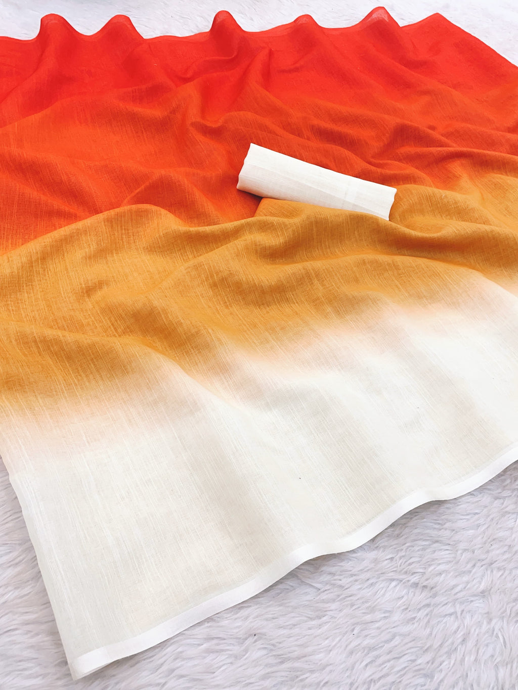 Red, Orange & Yellow Ombre Linen Saree – Gradient Dyed Elegance