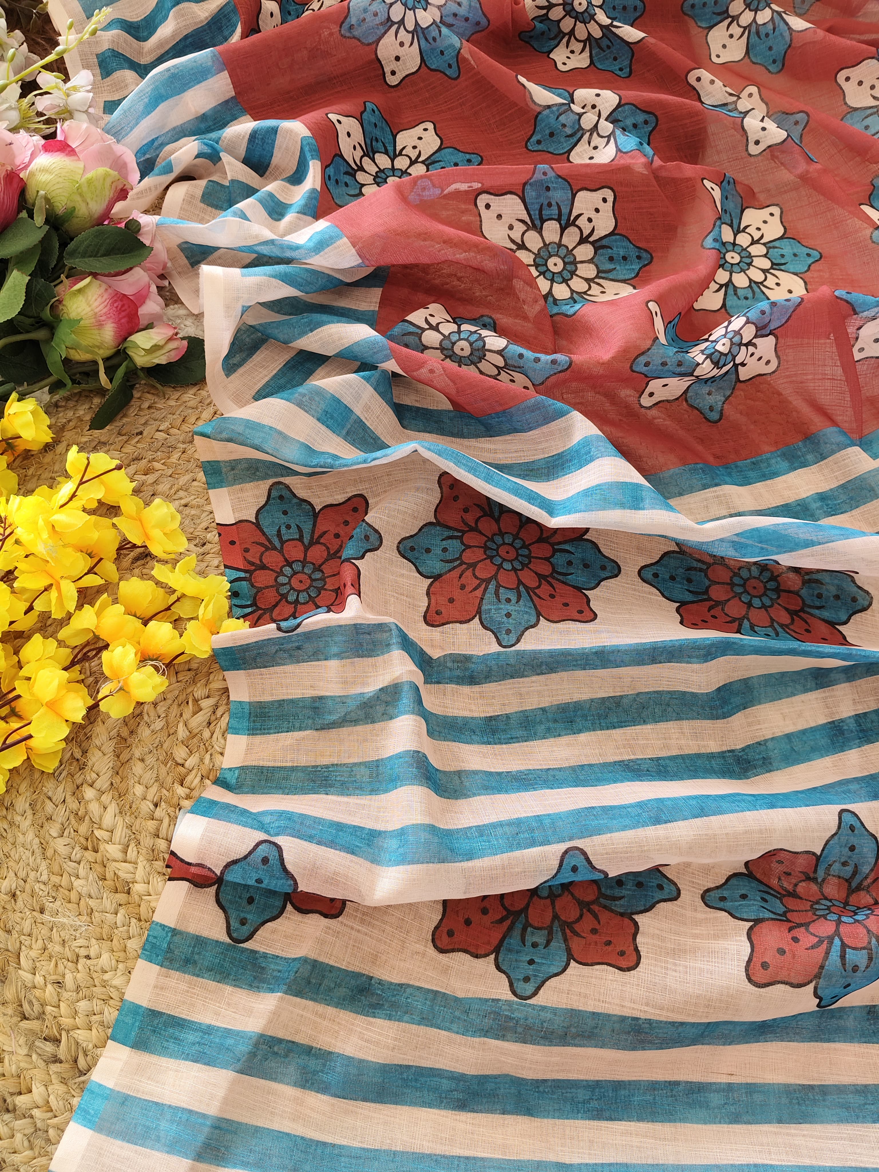 Trendy Digital Print Soft Silk Saree with Floral & Striped Design