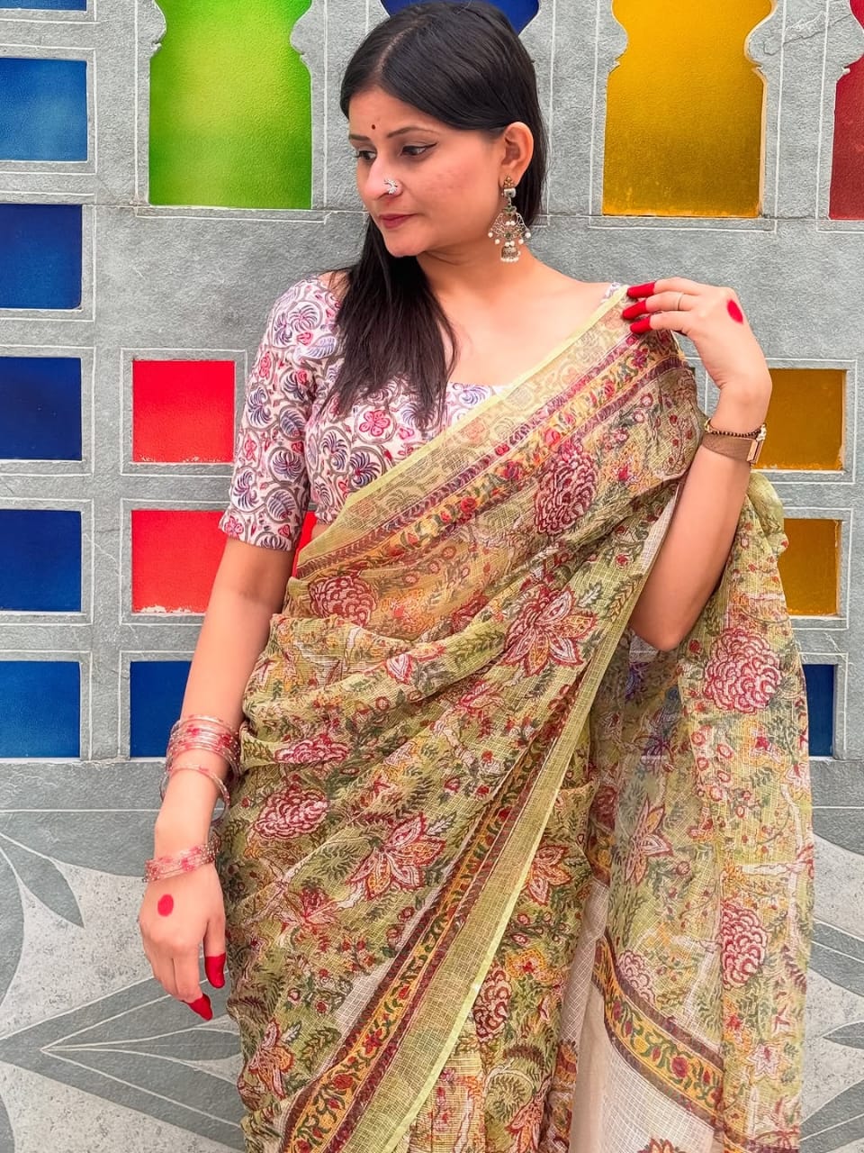 Olive Green Linen Saree with Intricate Floral Digital Print and Contrast Pallu