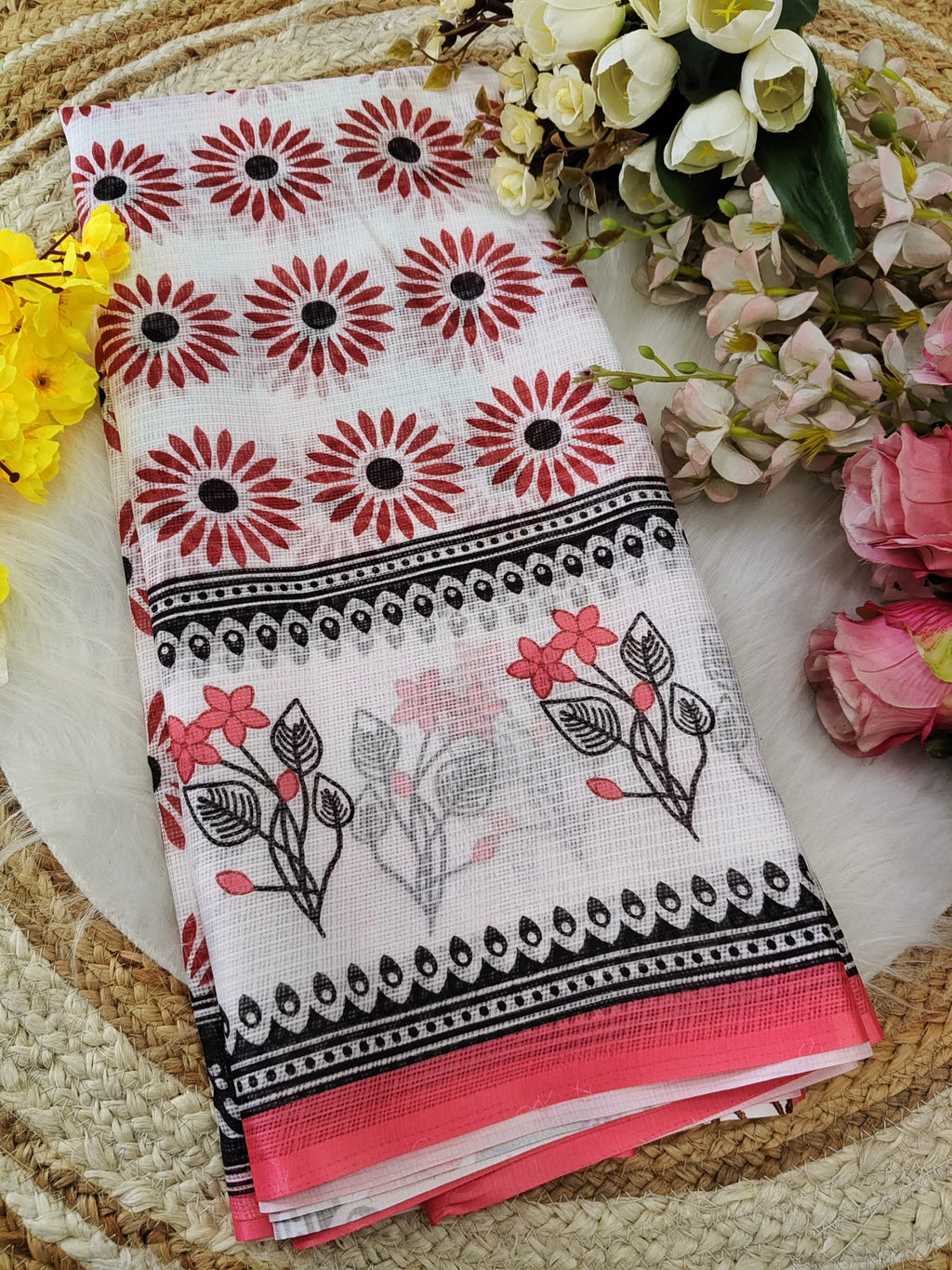 Pastel Pink Linen Saree with Sunflower Digital Print and Contrast Border