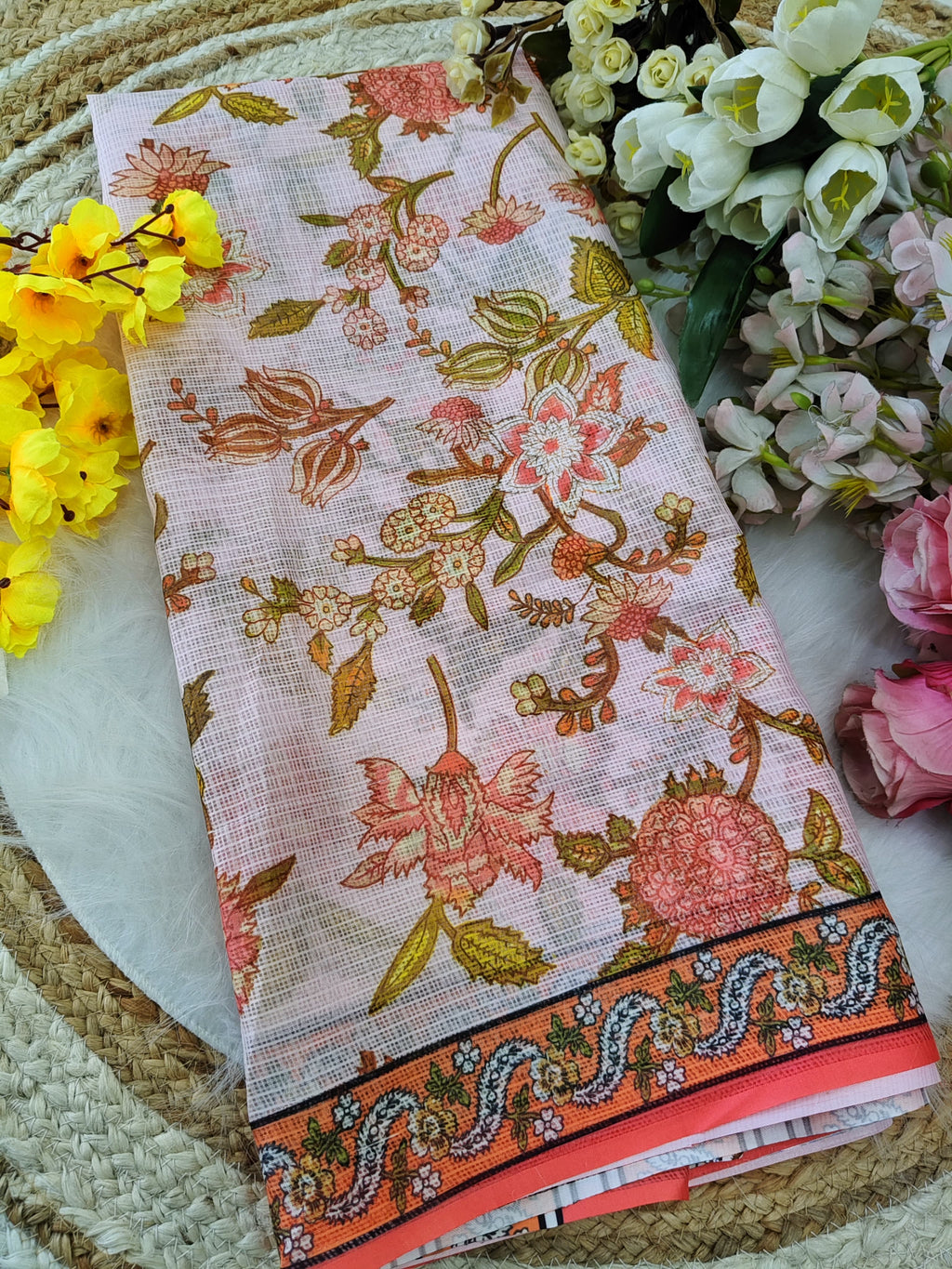 Soft Linen Saree with Pastel Floral Print and Peach Border
