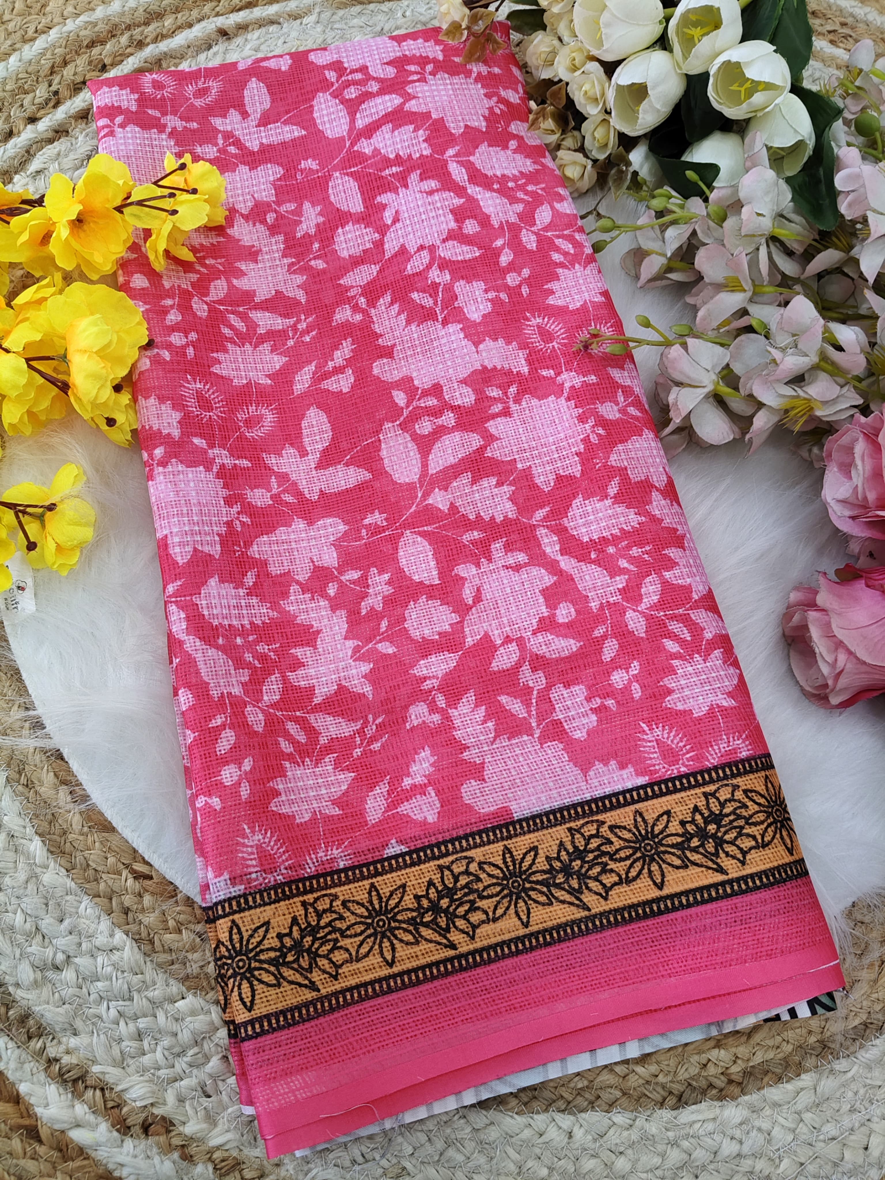 Vibrant Pink Linen Saree with Golden Border and Digital Floral Print