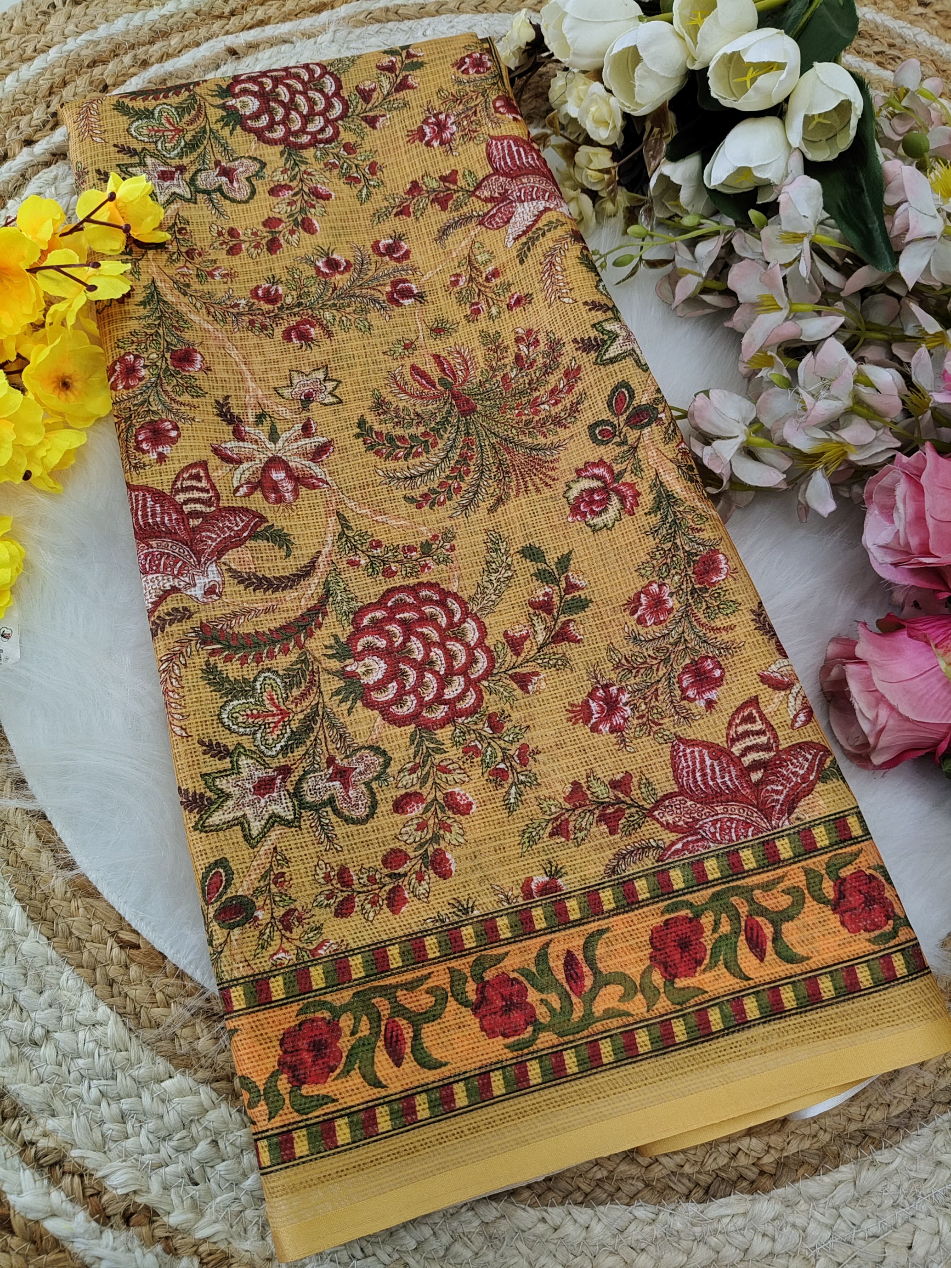 Olive Green Linen Saree with Intricate Floral Digital Print and Contrast Pallu