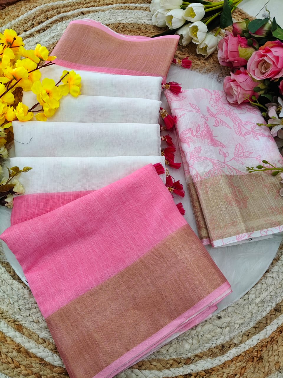 Classic White Linen Saree with Pink Border and Golden Zari Accent