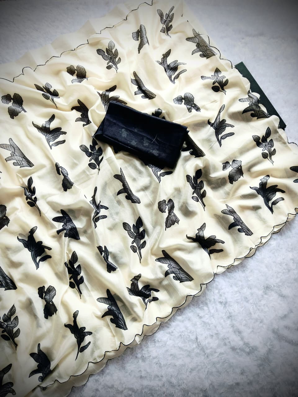 Pastel Yellow Saree with Black Floral Embroidered Border & Contrast Blouse