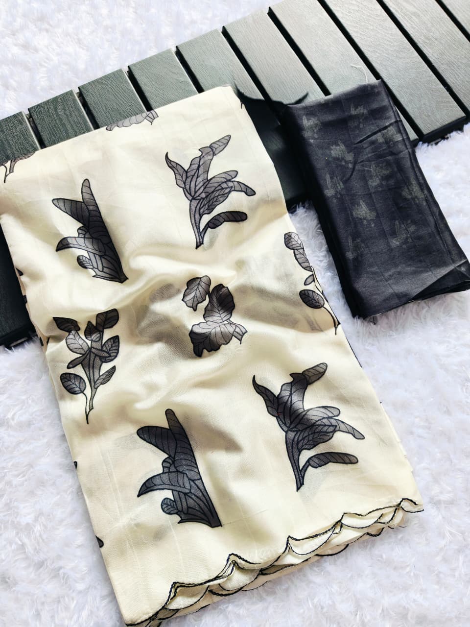 Pastel Yellow Saree with Black Floral Embroidered Border & Contrast Blouse