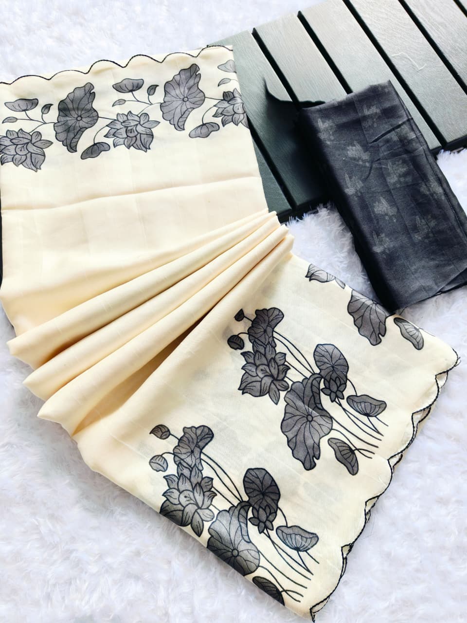 Pastel Yellow Saree with Black Floral Embroidered Border & Contrast Blouse