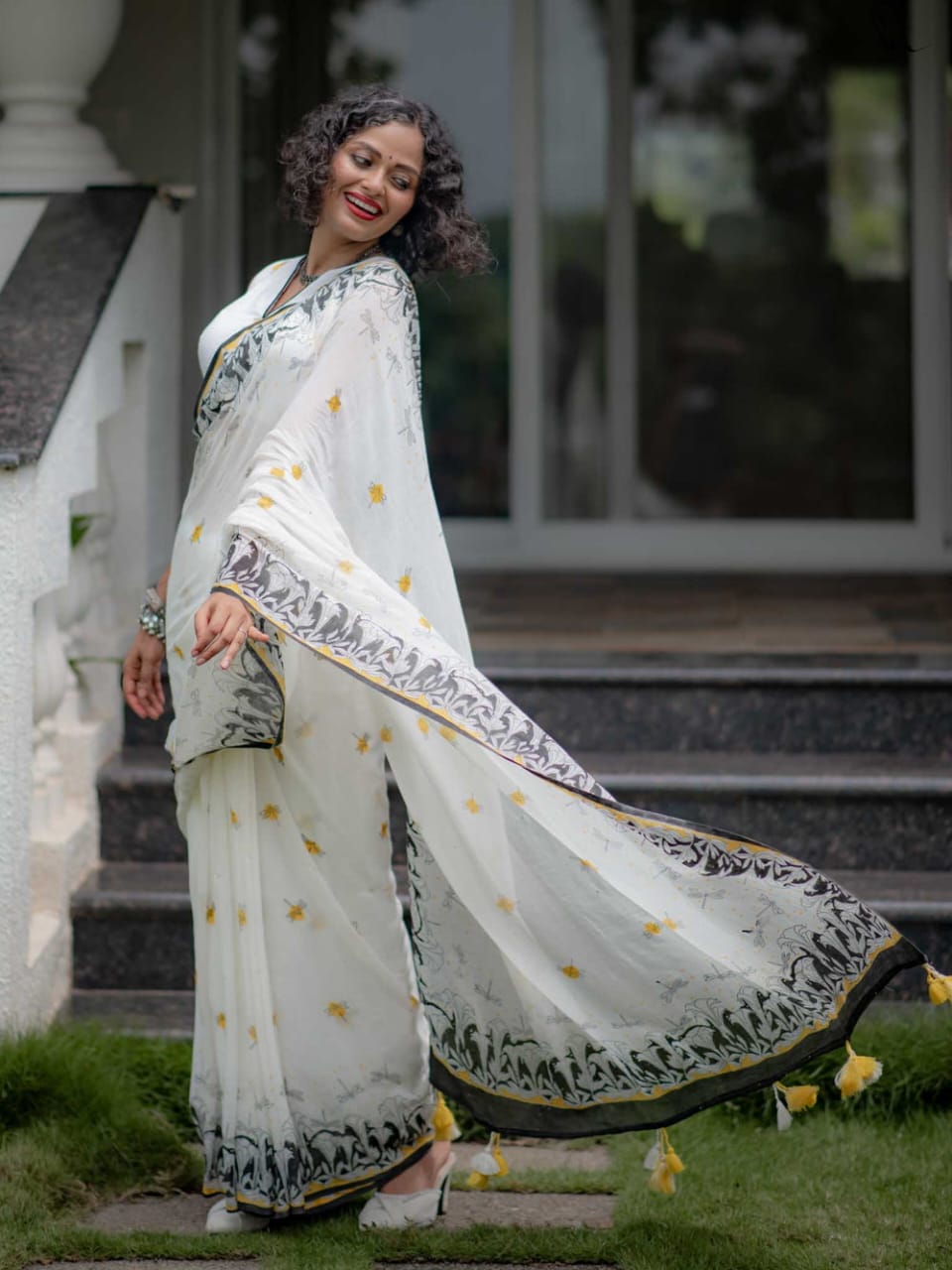 White Linen Digital Print Saree with Contrasting Border