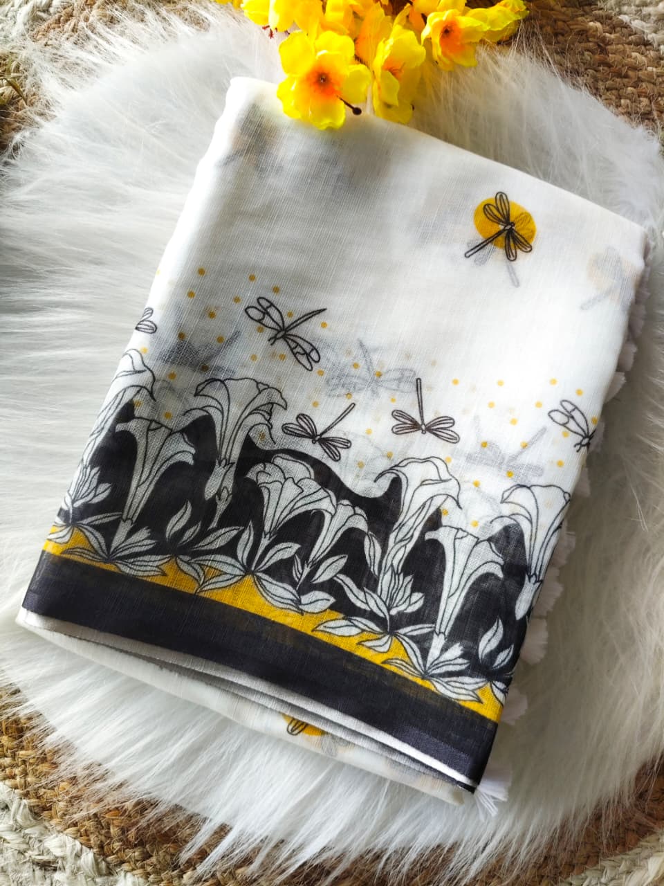 White Linen Digital Print Saree with Contrasting Border