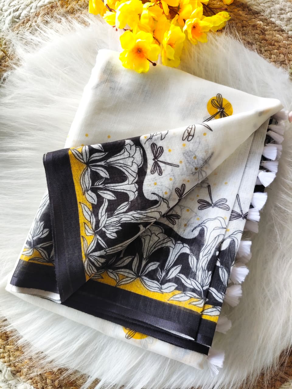 White Linen Digital Print Saree with Contrasting Border