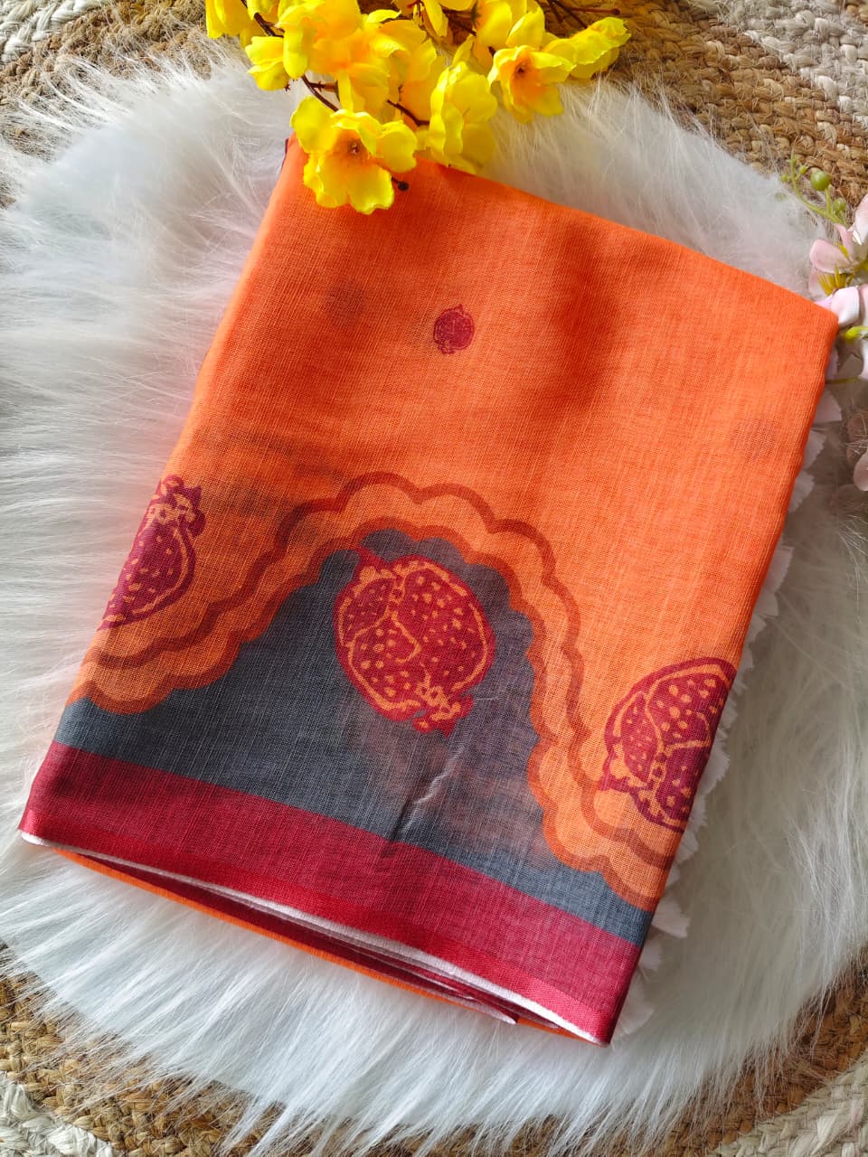 Peach Linen Digital Print Saree with Contrasting Border