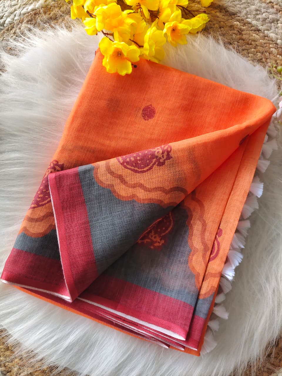 Peach Linen Digital Print Saree with Contrasting Border
