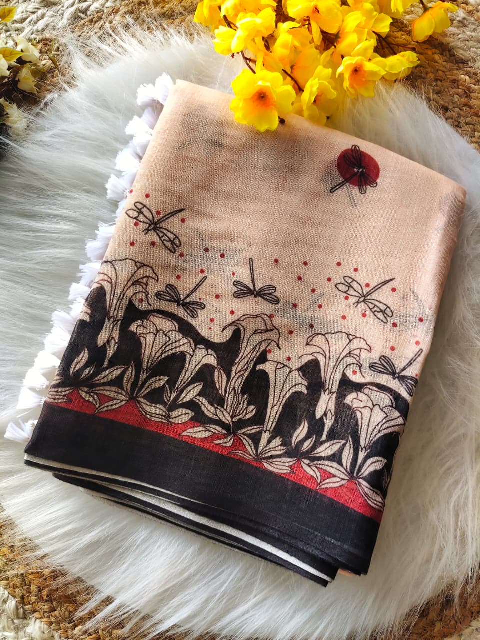 Cream Linen Digital Print Saree with Contrasting Border