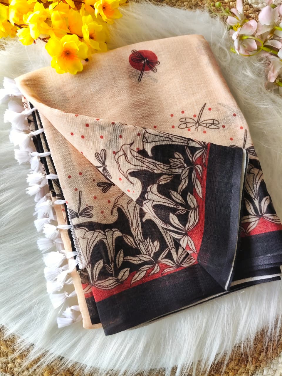 Cream Linen Digital Print Saree with Contrasting Border