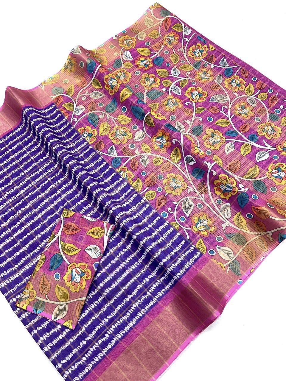 Royal Blue Linen Digital Print Saree with Magenta Pallu