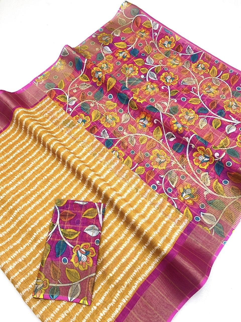 Graceful Yellow Linen Digital Print Saree with Ikat Design