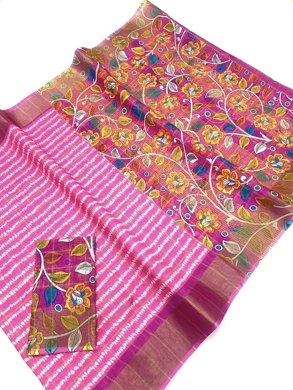 Graceful Magenta Linen Digital Print Saree with Ikat Design