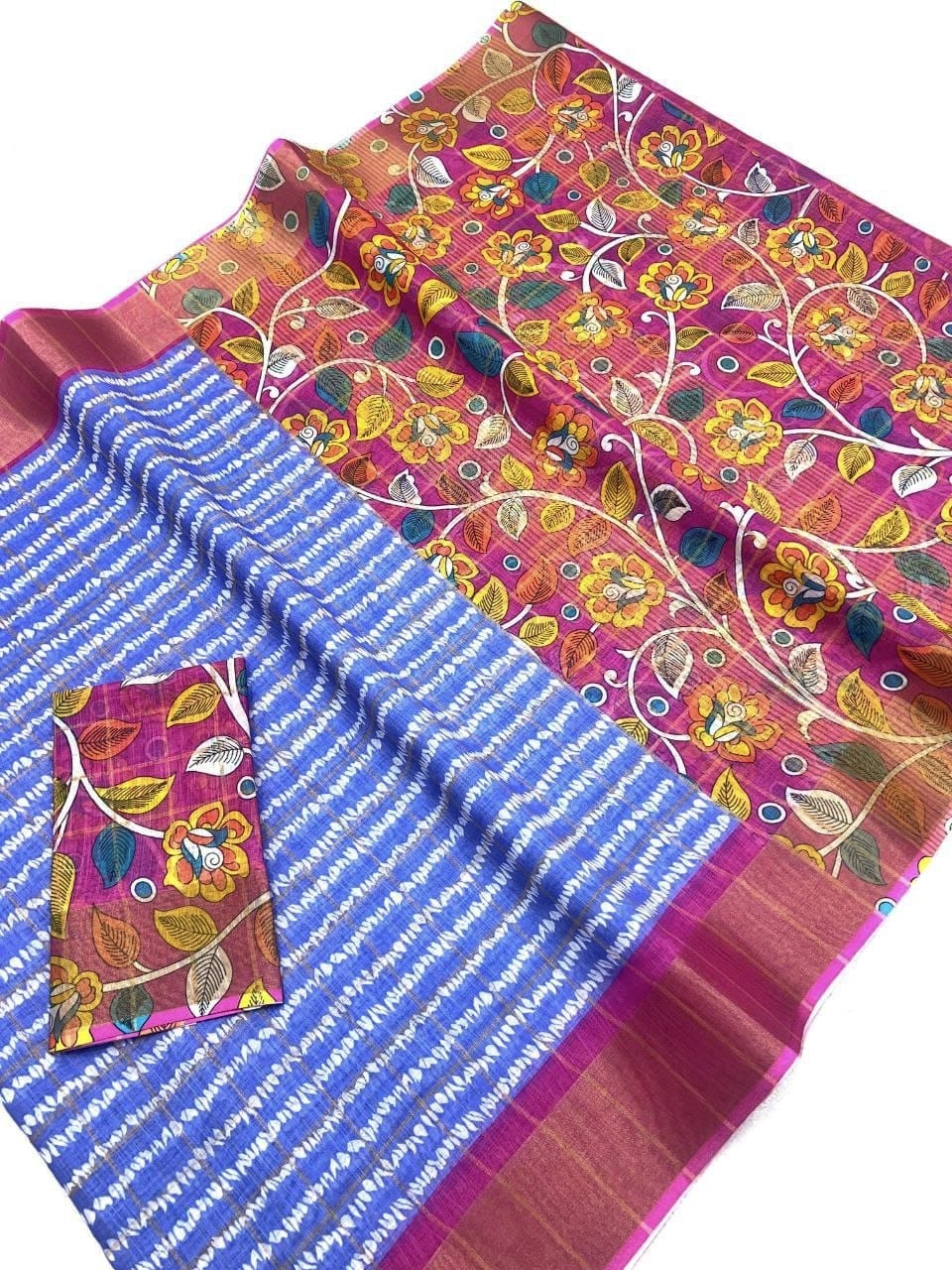 Elegant Light Blue Linen Digital Print Saree with Magenta Pallu