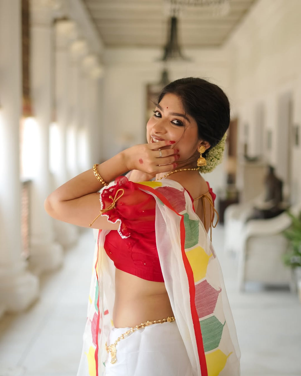 Elegant Digital Print Linen Saree with Multicolor Geometric Pattern