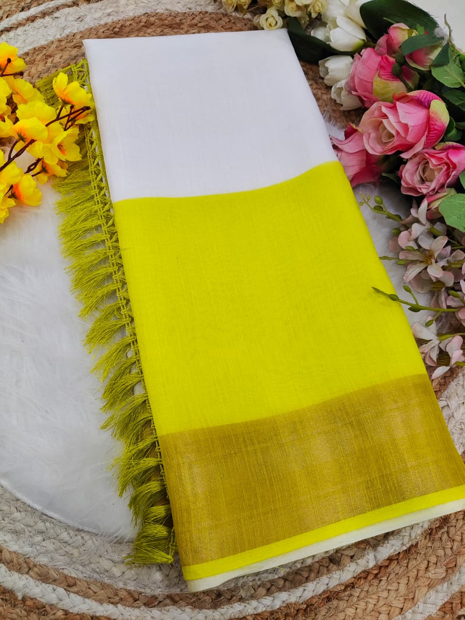 Linen Cotton Digital Print Saree with Floral & Striped Design