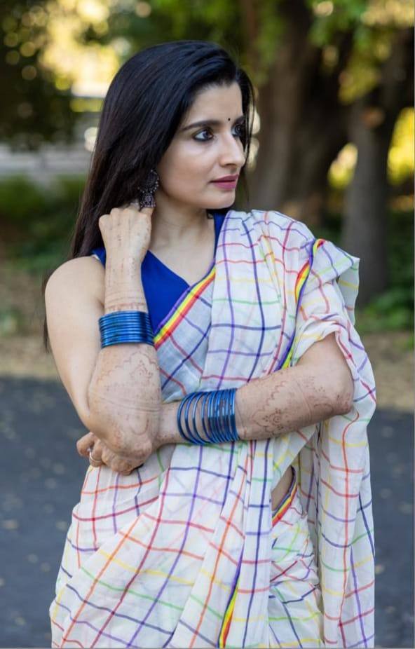 White Cotton Saree with Multicolor Check Print