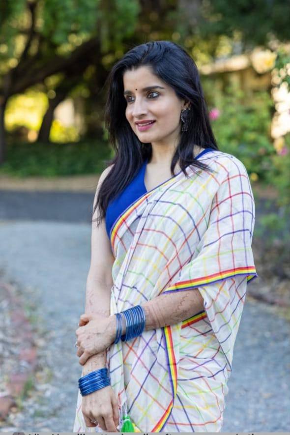 White Cotton Saree with Multicolor Check Print