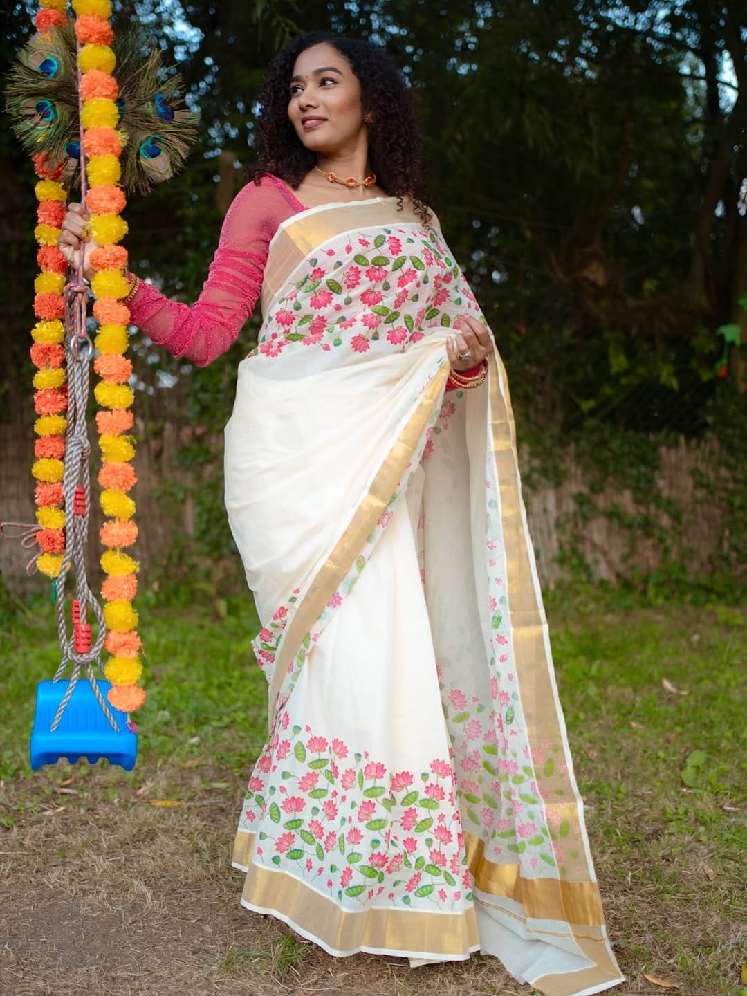 Elegant Linen Cotton Saree with Lotus Digital Print and Golden Border