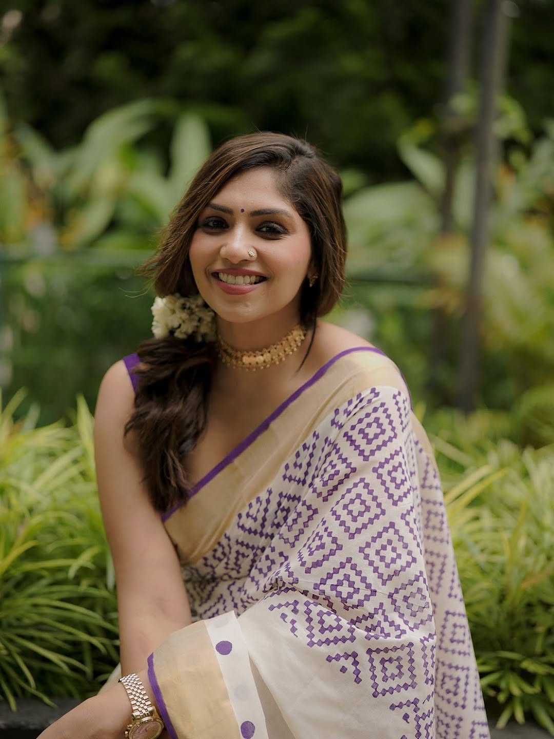 Elegant Cream Cotton Saree with Purple Geometric Print