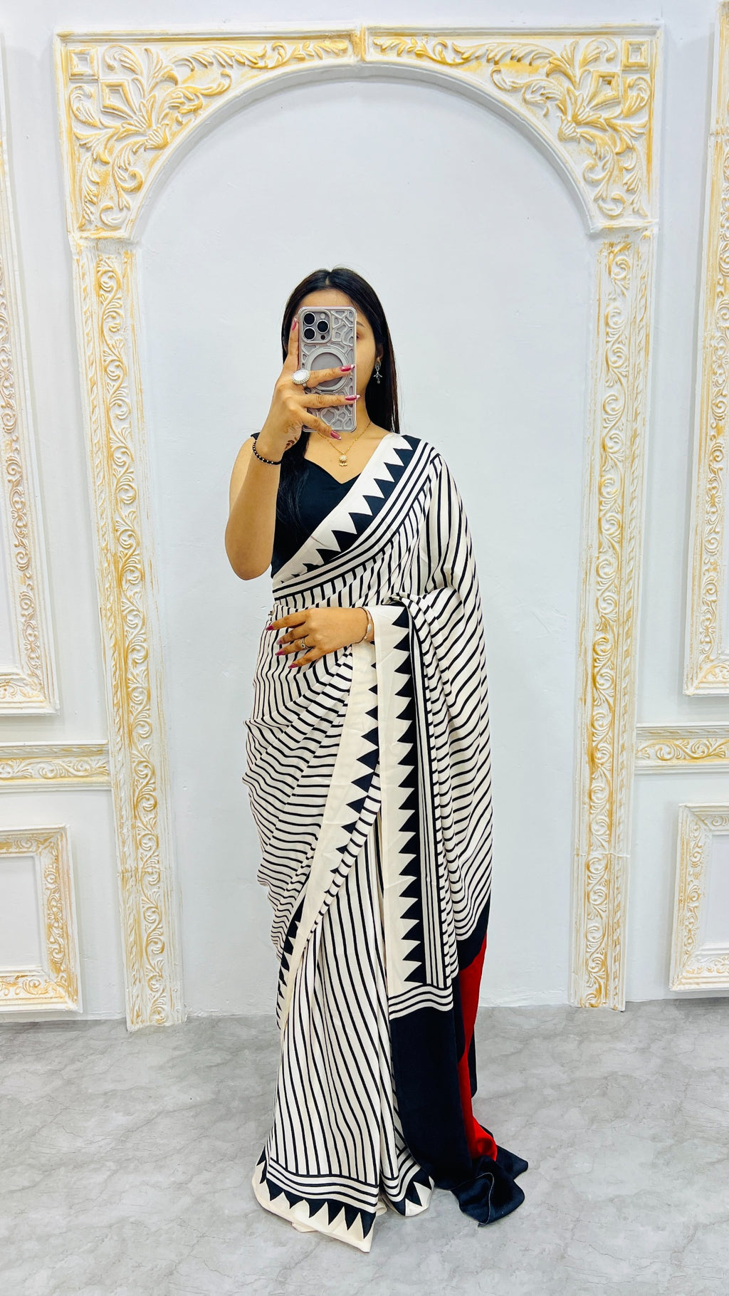 Exclusive Black, Red & White Stripe Ajrakh Semi Gajji Saree