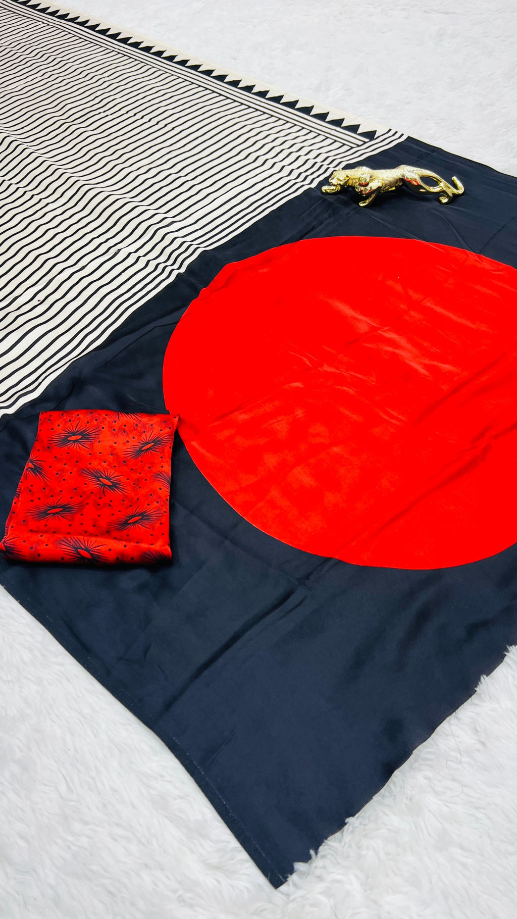 Exclusive Black, Red & White Stripe Ajrakh Semi Gajji Saree