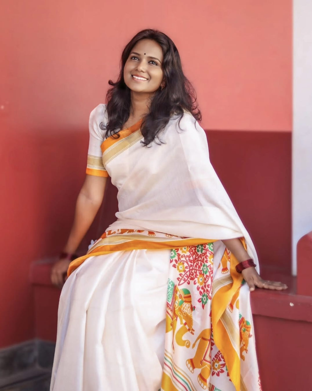 Elegant White & Mustard Linen Saree with Kerala-Style Border