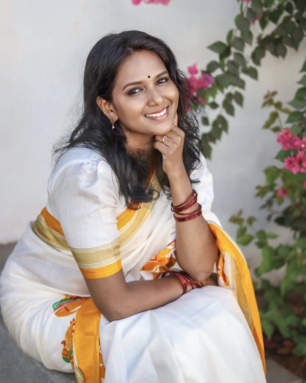 Elegant White & Mustard Linen Saree with Kerala-Style Border