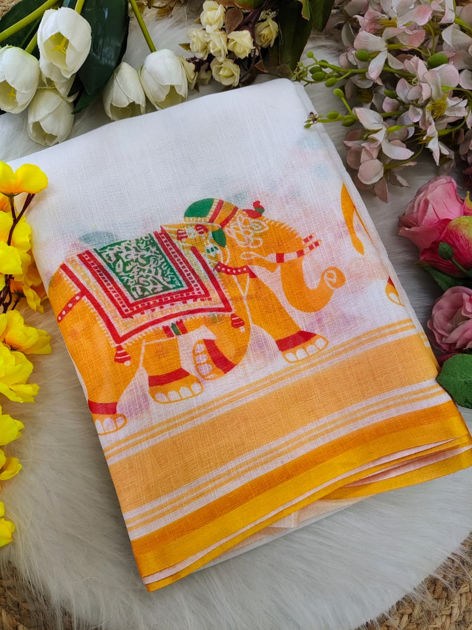 Elegant White & Mustard Linen Saree with Kerala-Style Border