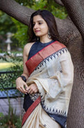 Beige Linen Saree with Contrasting Black & Brick-Red Border